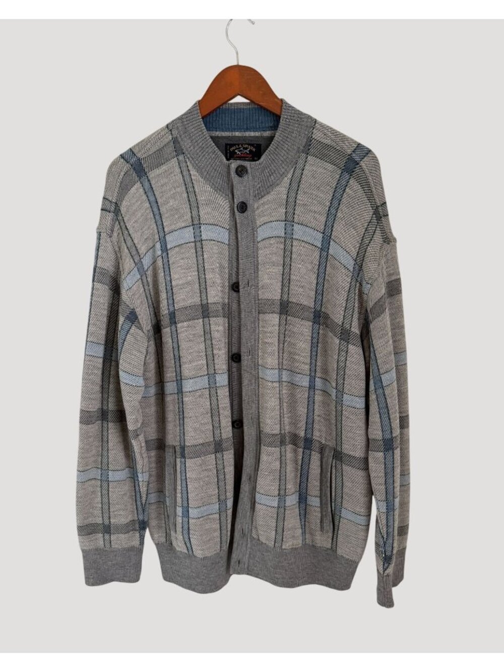 Paul & Shark Yachting Plaid Wool Cardigan Jacket Size XL Made in Italy Gray & Bl